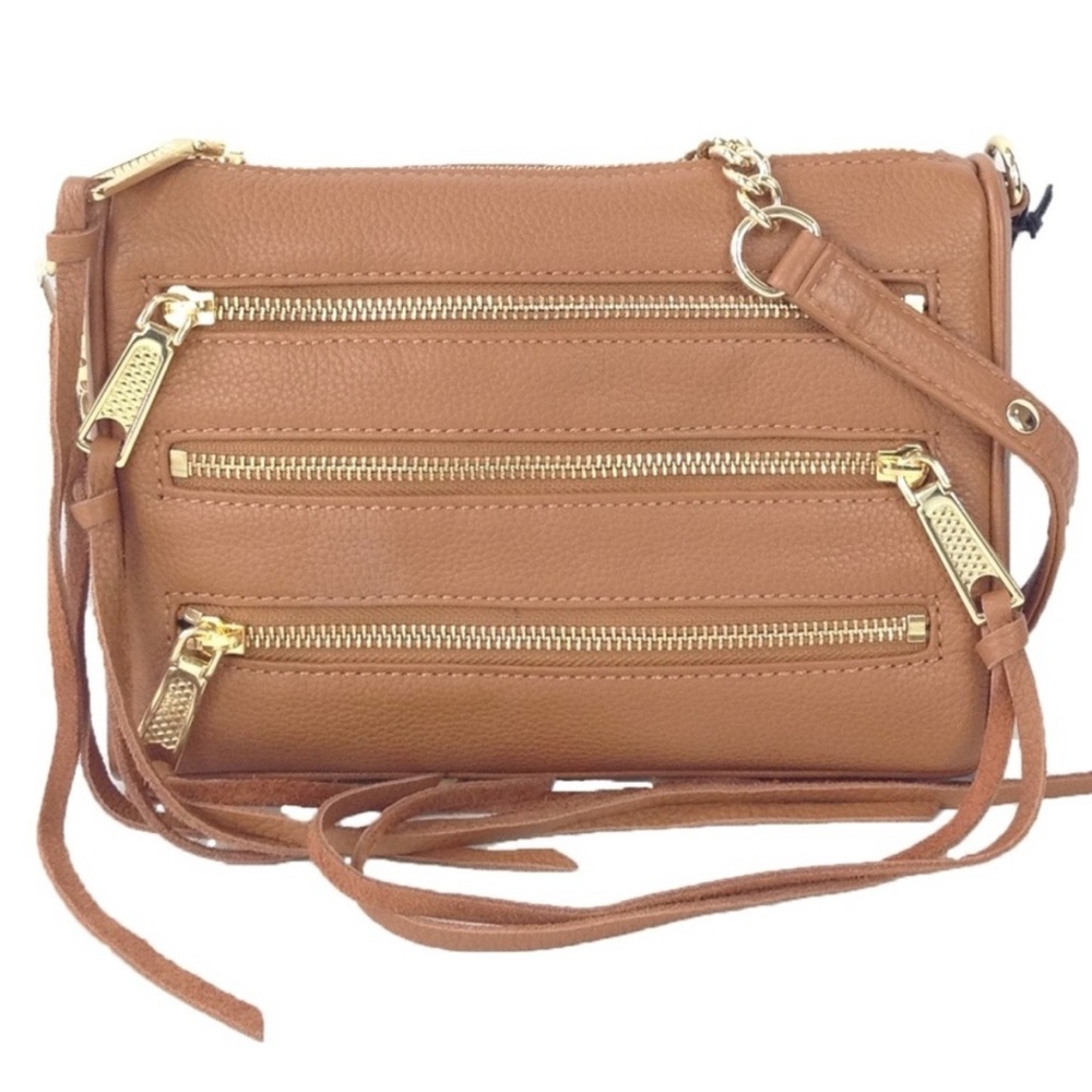Rebecca Minkoff Mini 5-Zip Rocker Tan Leather Bag Chain Strap